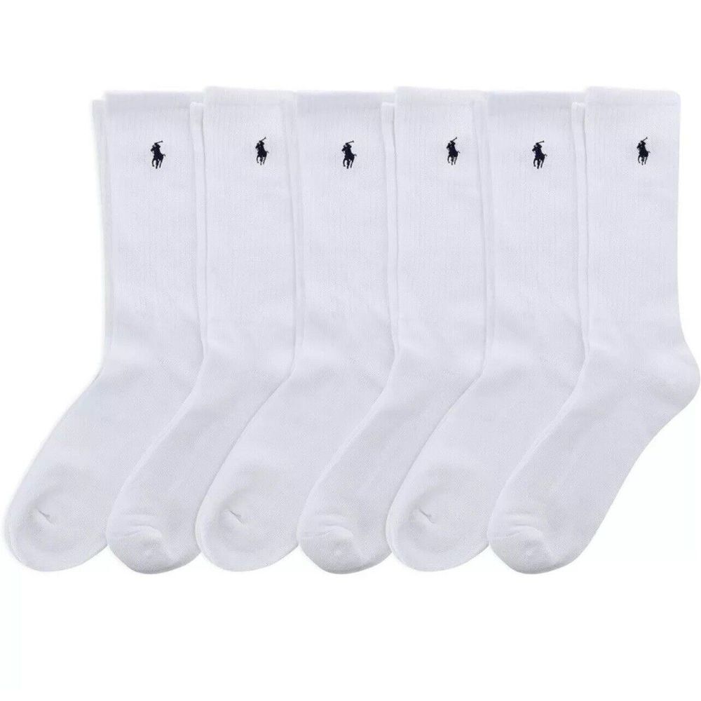 Polo Ralph Lauren Classic Sport 6-Pair Crew Socks White with Blue‎ Polo Pony - Picture 2 of 3